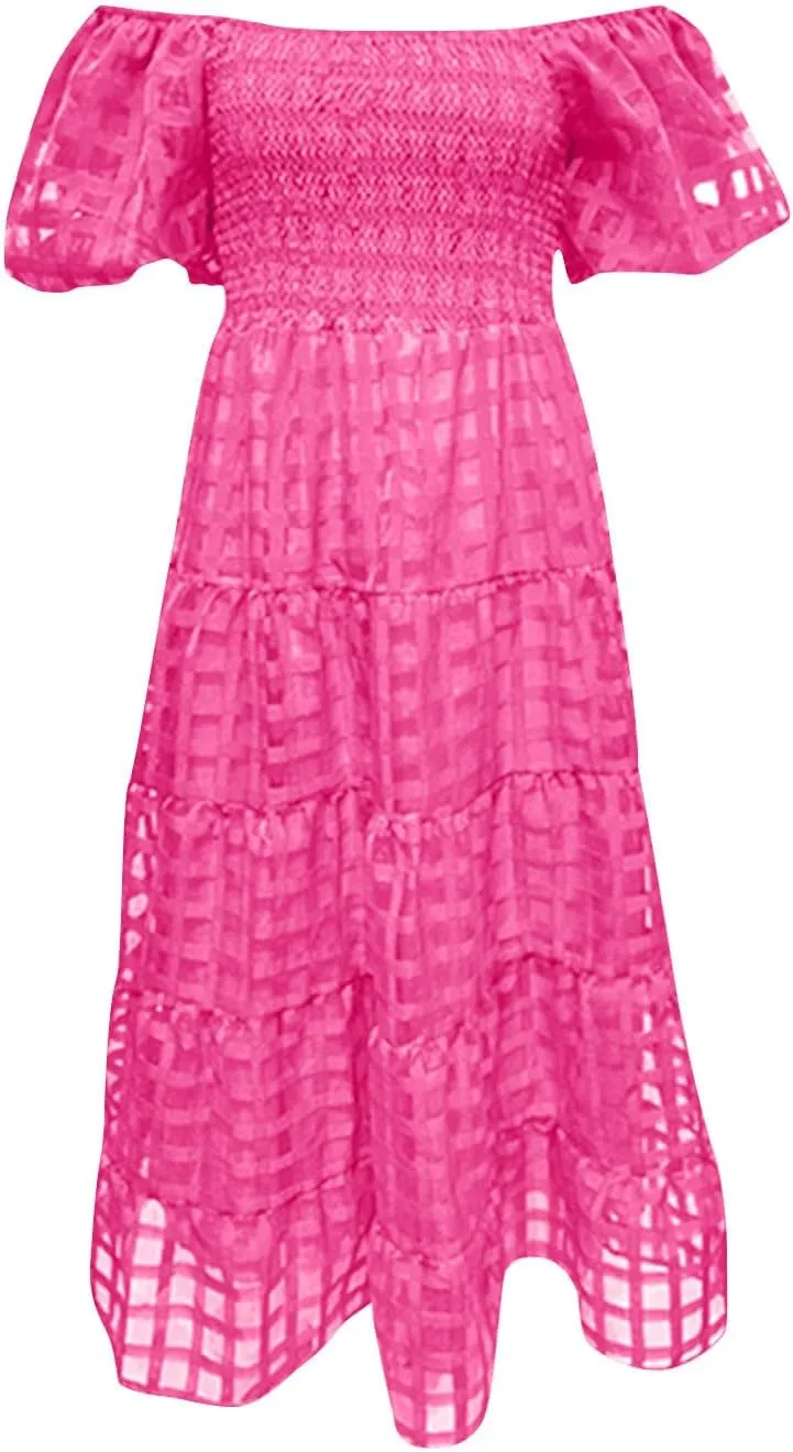 Women's Summer Dresses 2024 Puff Sleeve Plaid Square Neck High Waist Smocked Dress Loose Fit A-Line Flowy Midi Dress