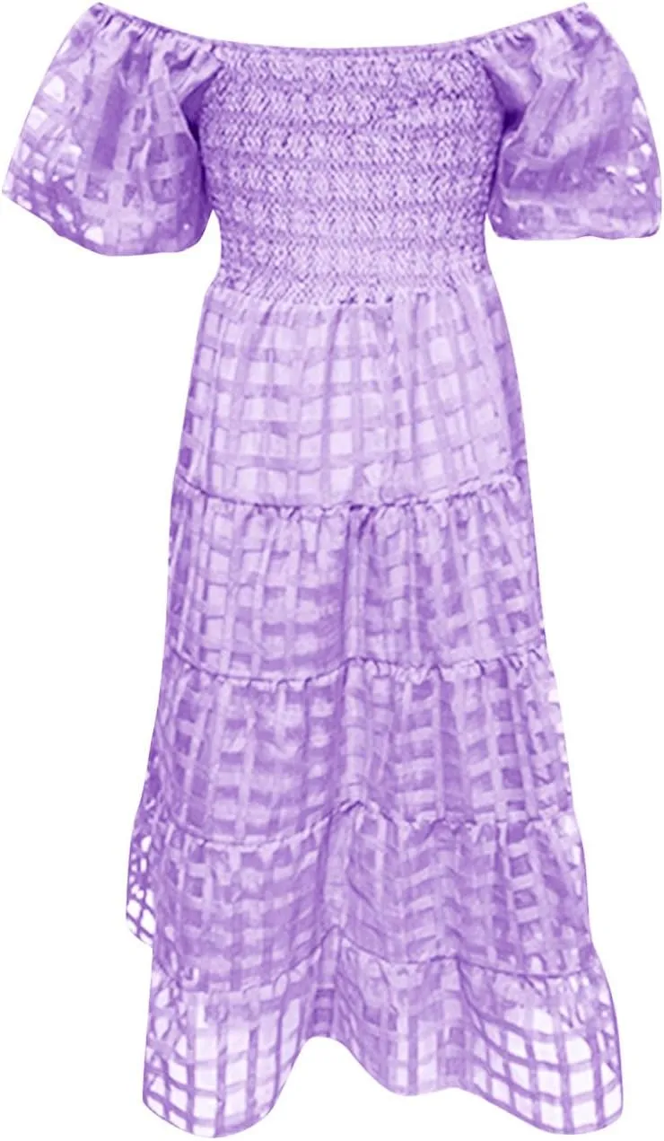 Women's Summer Dresses 2024 Puff Sleeve Plaid Square Neck High Waist Smocked Dress Loose Fit A-Line Flowy Midi Dress