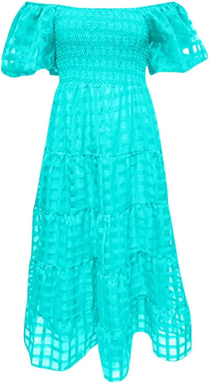 Women's Summer Dresses 2024 Puff Sleeve Plaid Square Neck High Waist Smocked Dress Loose Fit A-Line Flowy Midi Dress
