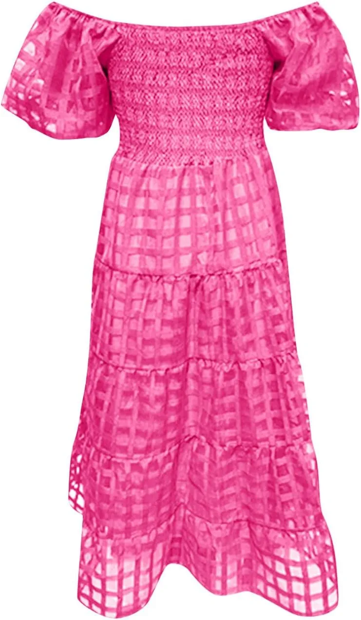 Women's Summer Dresses 2024 Puff Sleeve Plaid Square Neck High Waist Smocked Dress Loose Fit A-Line Flowy Midi Dress