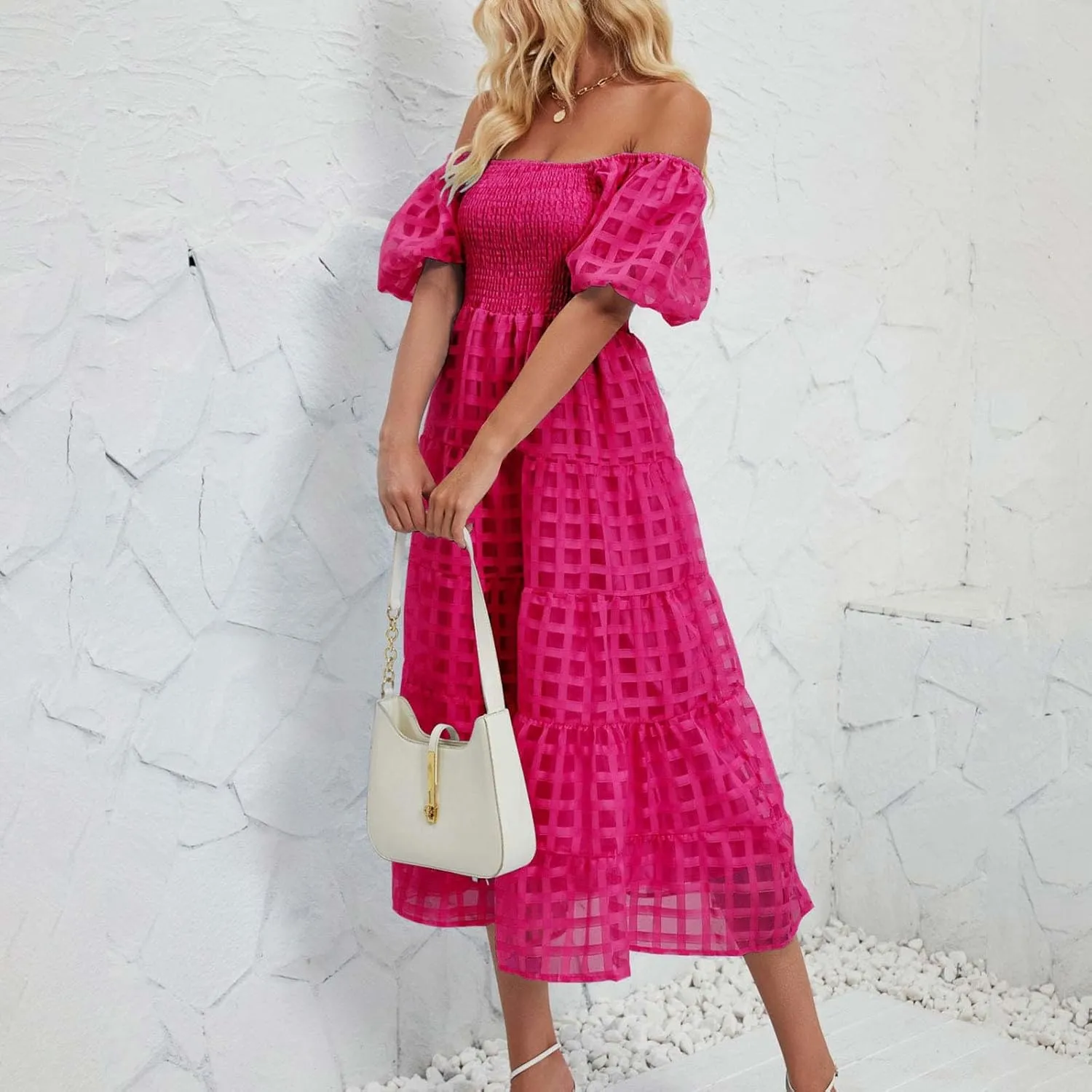 Women's Summer Dresses 2024 Puff Sleeve Plaid Square Neck High Waist Smocked Dress Loose Fit A-Line Flowy Midi Dress