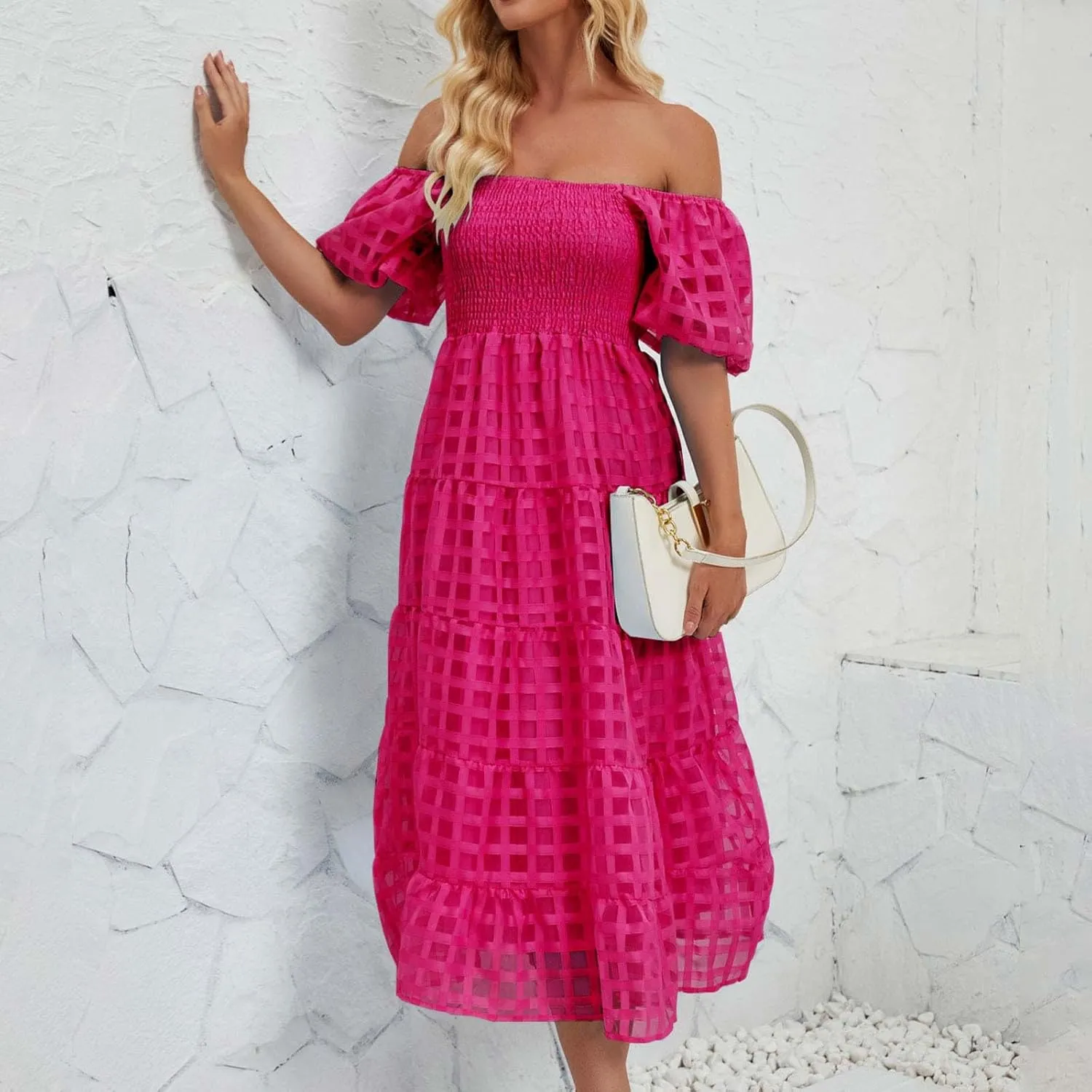 Women's Summer Dresses 2024 Puff Sleeve Plaid Square Neck High Waist Smocked Dress Loose Fit A-Line Flowy Midi Dress