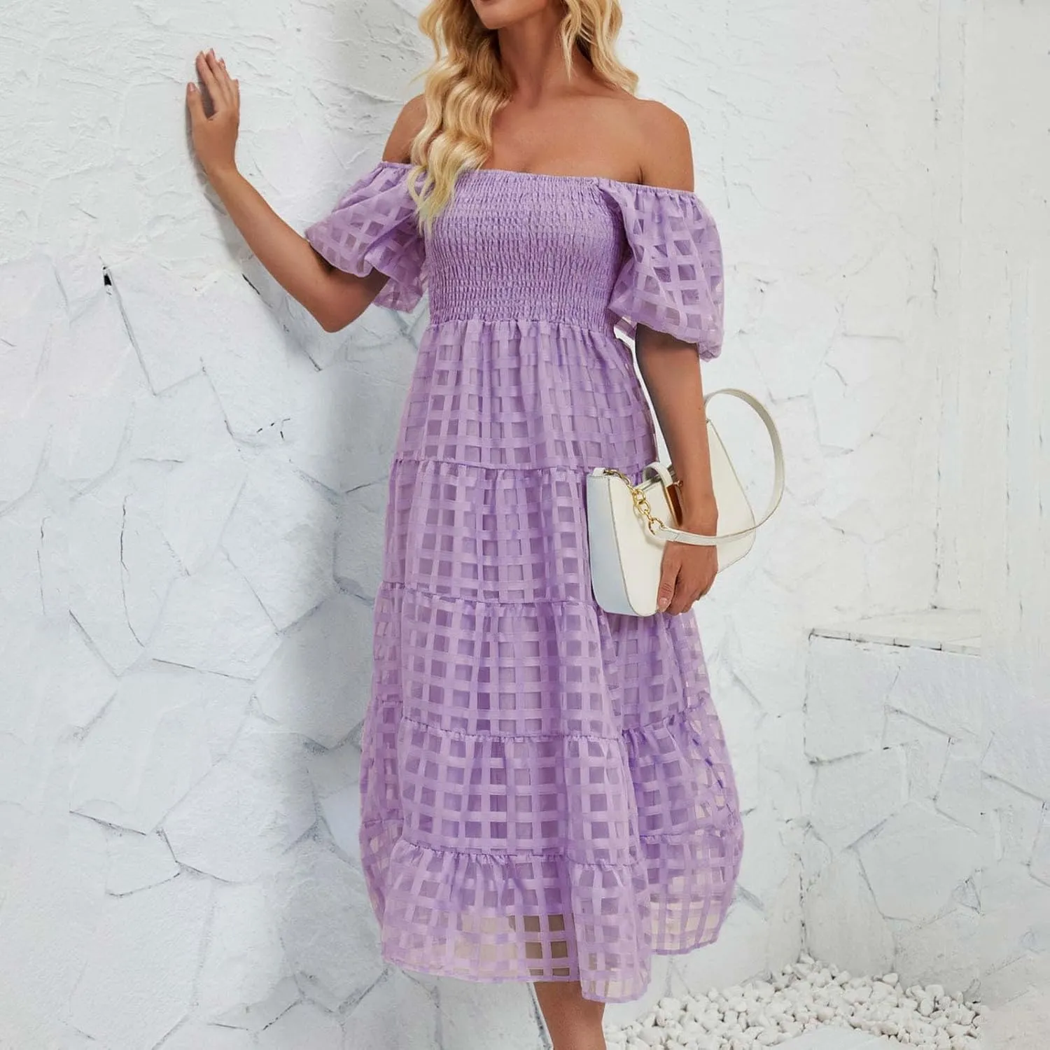 Women's Summer Dresses 2024 Puff Sleeve Plaid Square Neck High Waist Smocked Dress Loose Fit A-Line Flowy Midi Dress