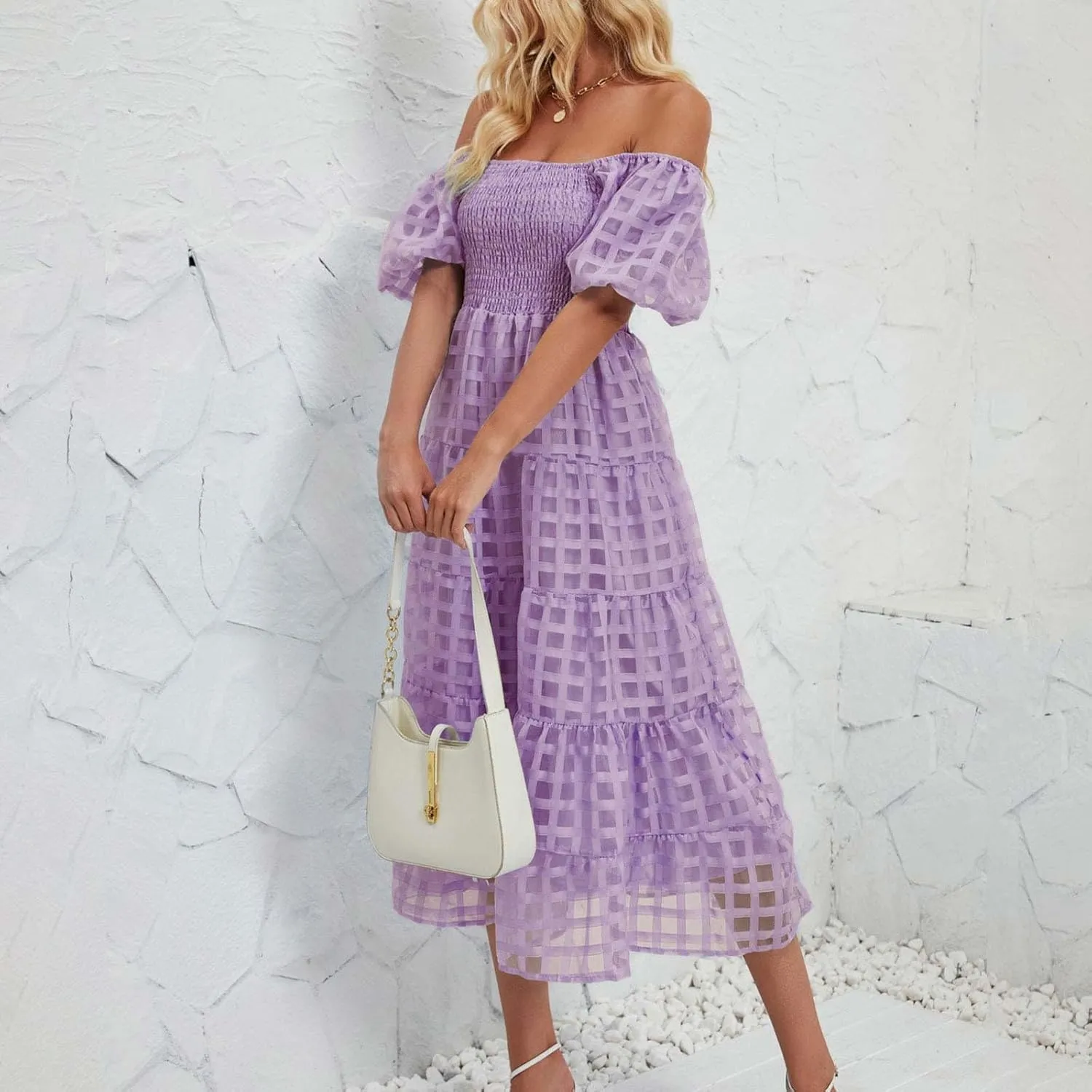Women's Summer Dresses 2024 Puff Sleeve Plaid Square Neck High Waist Smocked Dress Loose Fit A-Line Flowy Midi Dress