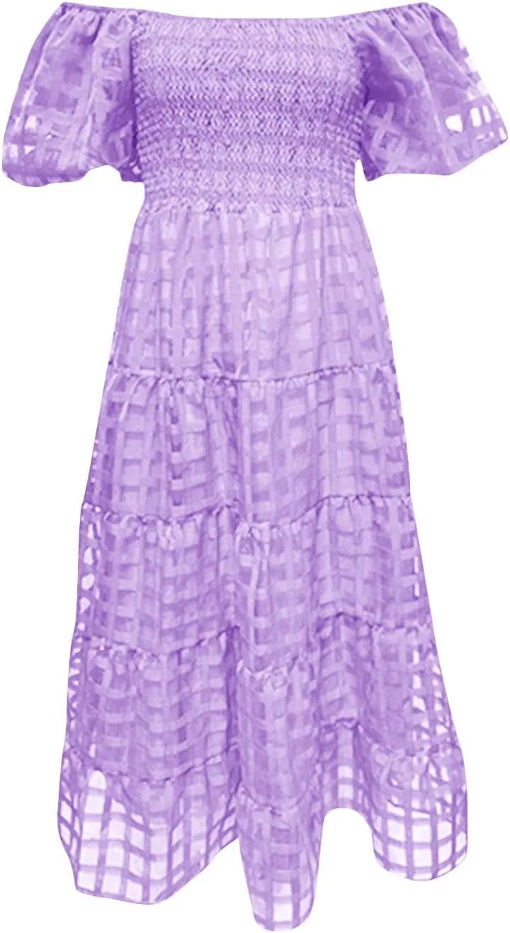 Women's Summer Dresses 2024 Puff Sleeve Plaid Square Neck High Waist Smocked Dress Loose Fit A-Line Flowy Midi Dress