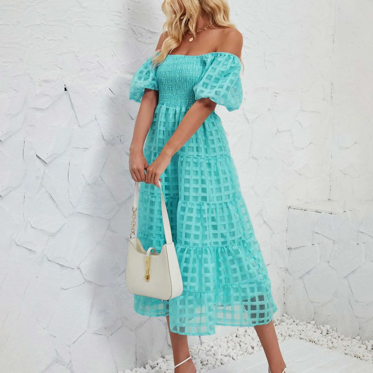 Women's Summer Dresses 2024 Puff Sleeve Plaid Square Neck High Waist Smocked Dress Loose Fit A-Line Flowy Midi Dress
