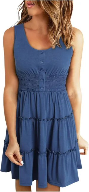 Womens Summer Dresses 2024 Sleeveless Button Down Smocked Elastic Waist Ruffle Tiered Casual Swing Solid Mini Dress