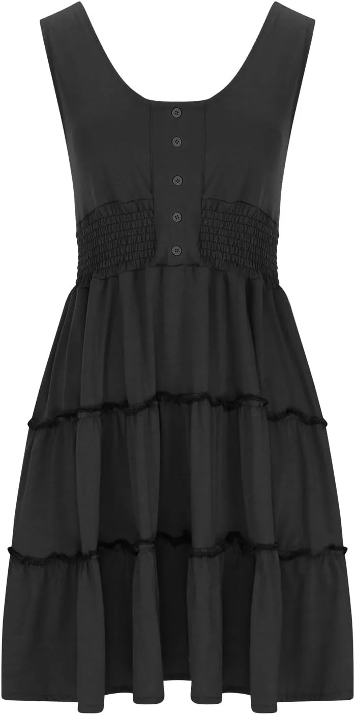 Womens Summer Dresses 2024 Sleeveless Button Down Smocked Elastic Waist Ruffle Tiered Casual Swing Solid Mini Dress