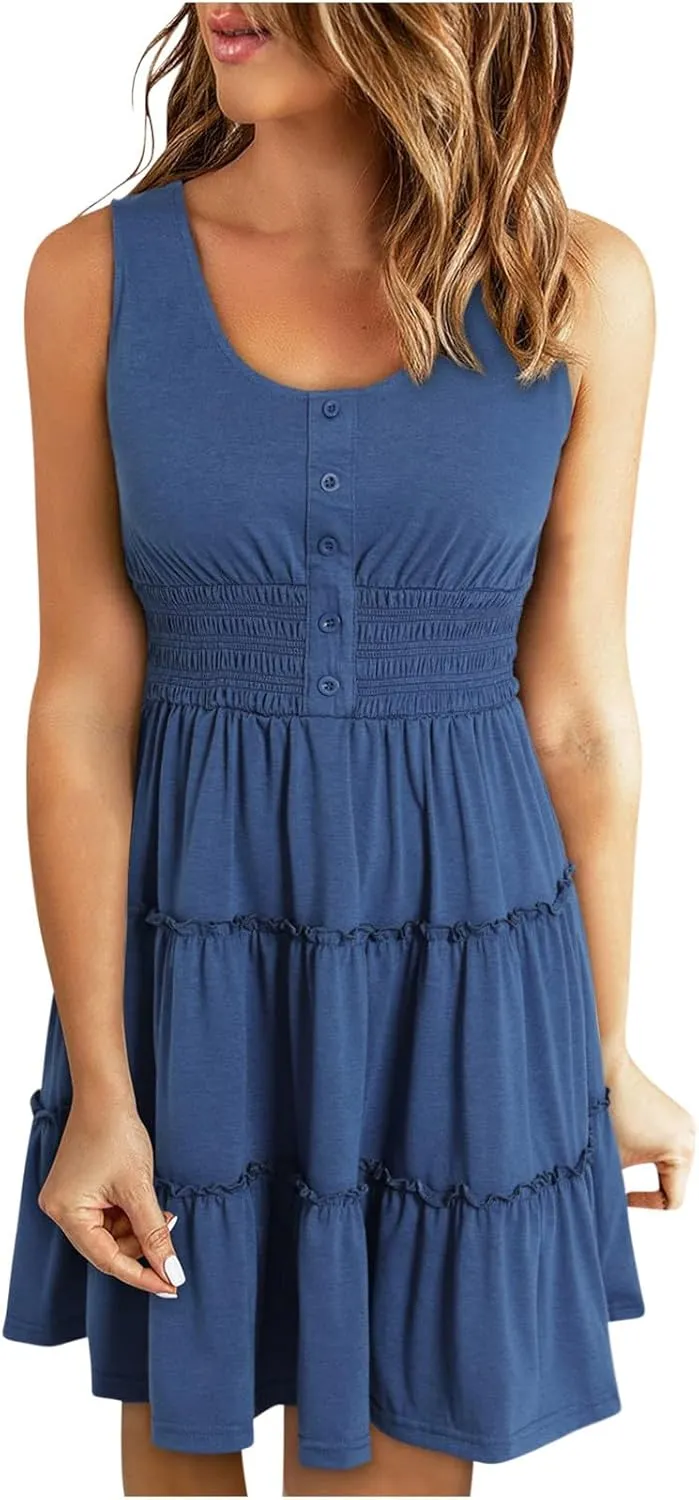 Womens Summer Dresses 2024 Sleeveless Button Down Smocked Elastic Waist Ruffle Tiered Casual Swing Solid Mini Dress