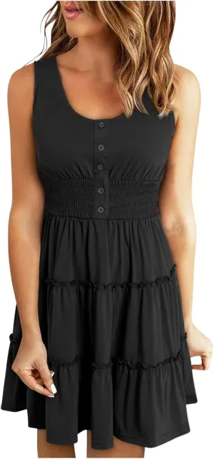 Womens Summer Dresses 2024 Sleeveless Button Down Smocked Elastic Waist Ruffle Tiered Casual Swing Solid Mini Dress