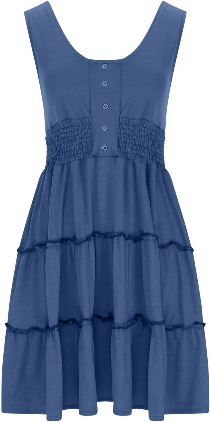 Womens Summer Dresses 2024 Sleeveless Button Down Smocked Elastic Waist Ruffle Tiered Casual Swing Solid Mini Dress