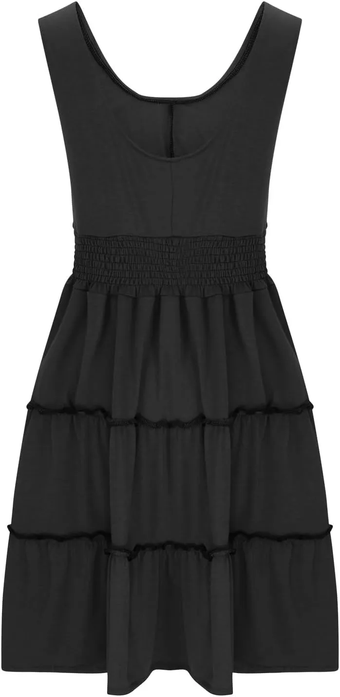 Womens Summer Dresses 2024 Sleeveless Button Down Smocked Elastic Waist Ruffle Tiered Casual Swing Solid Mini Dress