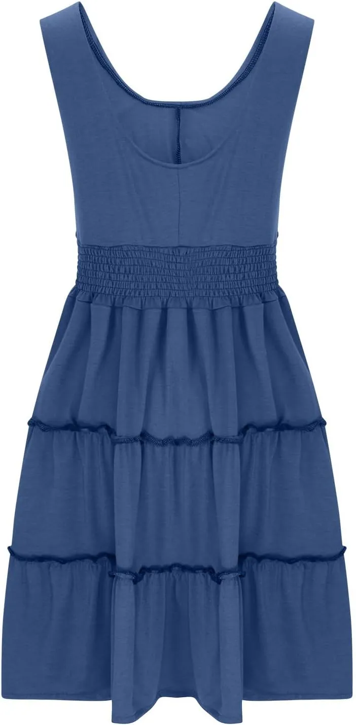Womens Summer Dresses 2024 Sleeveless Button Down Smocked Elastic Waist Ruffle Tiered Casual Swing Solid Mini Dress