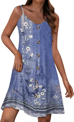 Womens Summer Dresses Flowy Beach Sundresses Button Floral Sleeveless Beach Cover Up Spaghetti Strap Casual Mini Dress