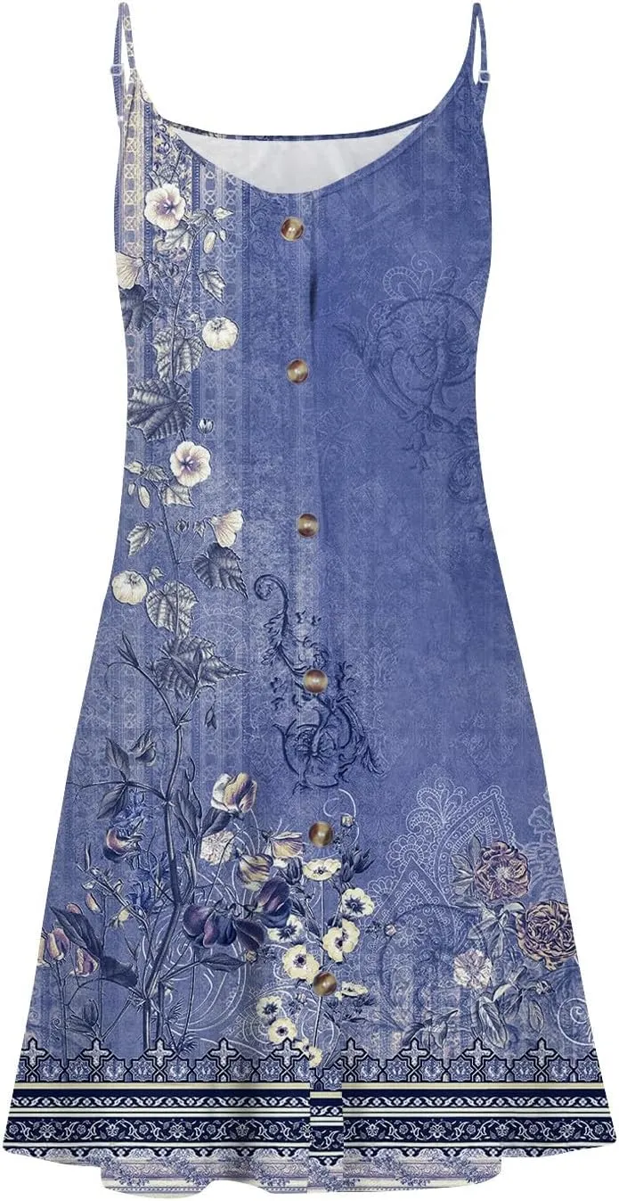 Womens Summer Dresses Flowy Beach Sundresses Button Floral Sleeveless Beach Cover Up Spaghetti Strap Casual Mini Dress