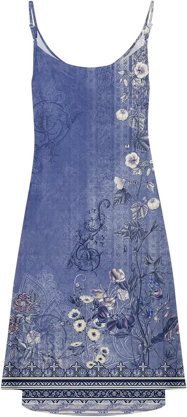 Womens Summer Dresses Flowy Beach Sundresses Button Floral Sleeveless Beach Cover Up Spaghetti Strap Casual Mini Dress