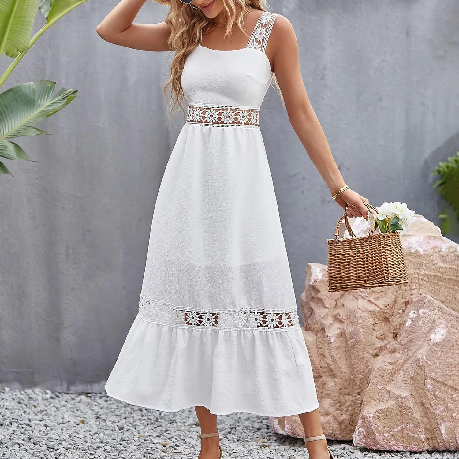 Women's Summer Dresses Halter Neck Sleeveless Smocked Backless Floral Flowy Tiered A Line Boho Beach Maxi Dress