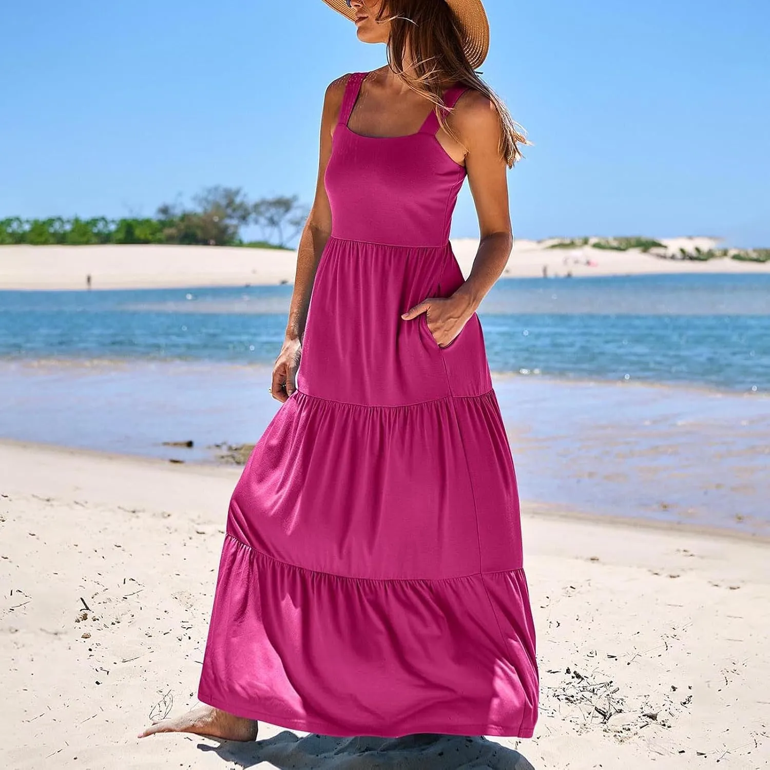 Women's Summer Dresses Halter Neck Sleeveless Smocked Backless Floral Flowy Tiered A Line Boho Beach Maxi Dress