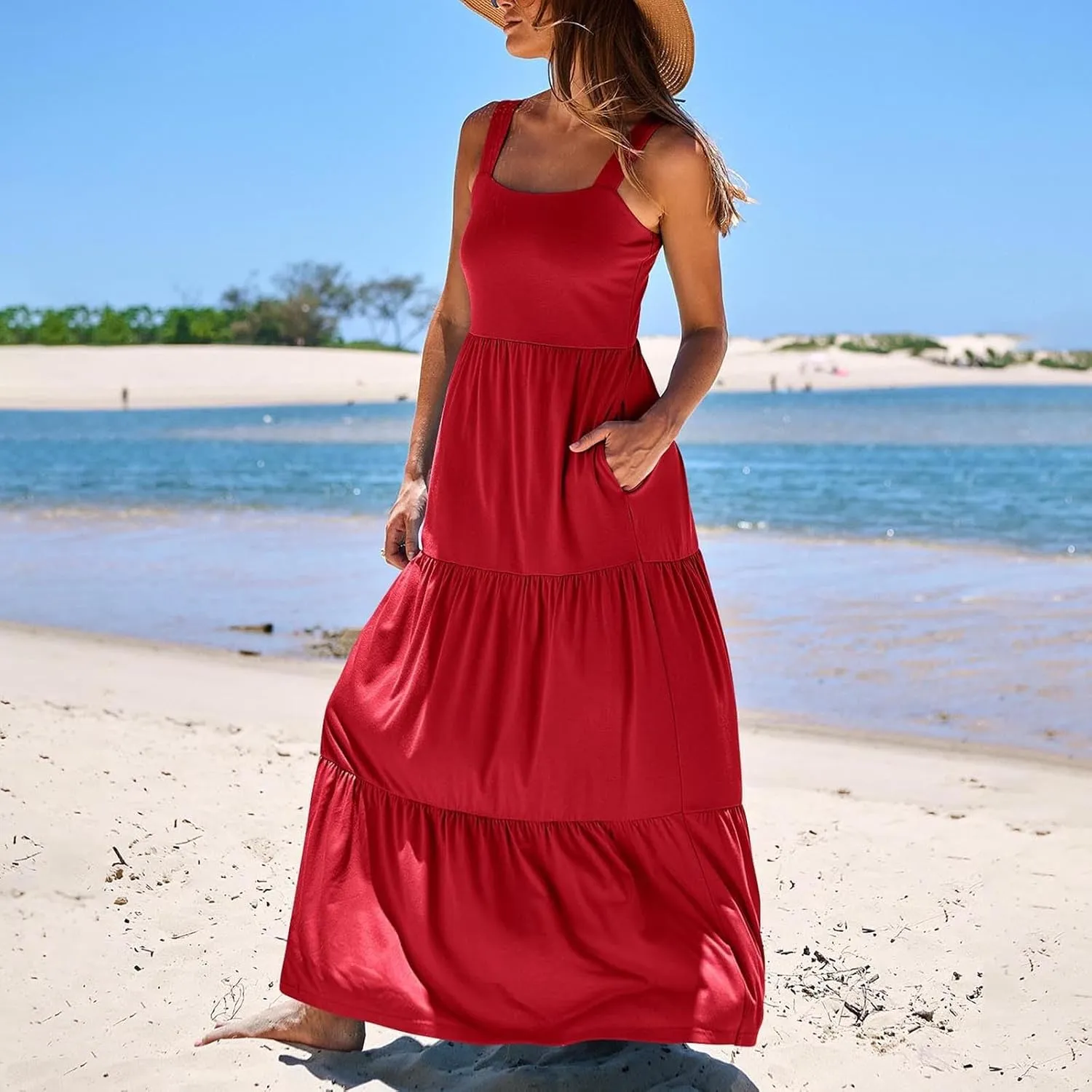 Women's Summer Dresses Halter Neck Sleeveless Smocked Backless Floral Flowy Tiered A Line Boho Beach Maxi Dress