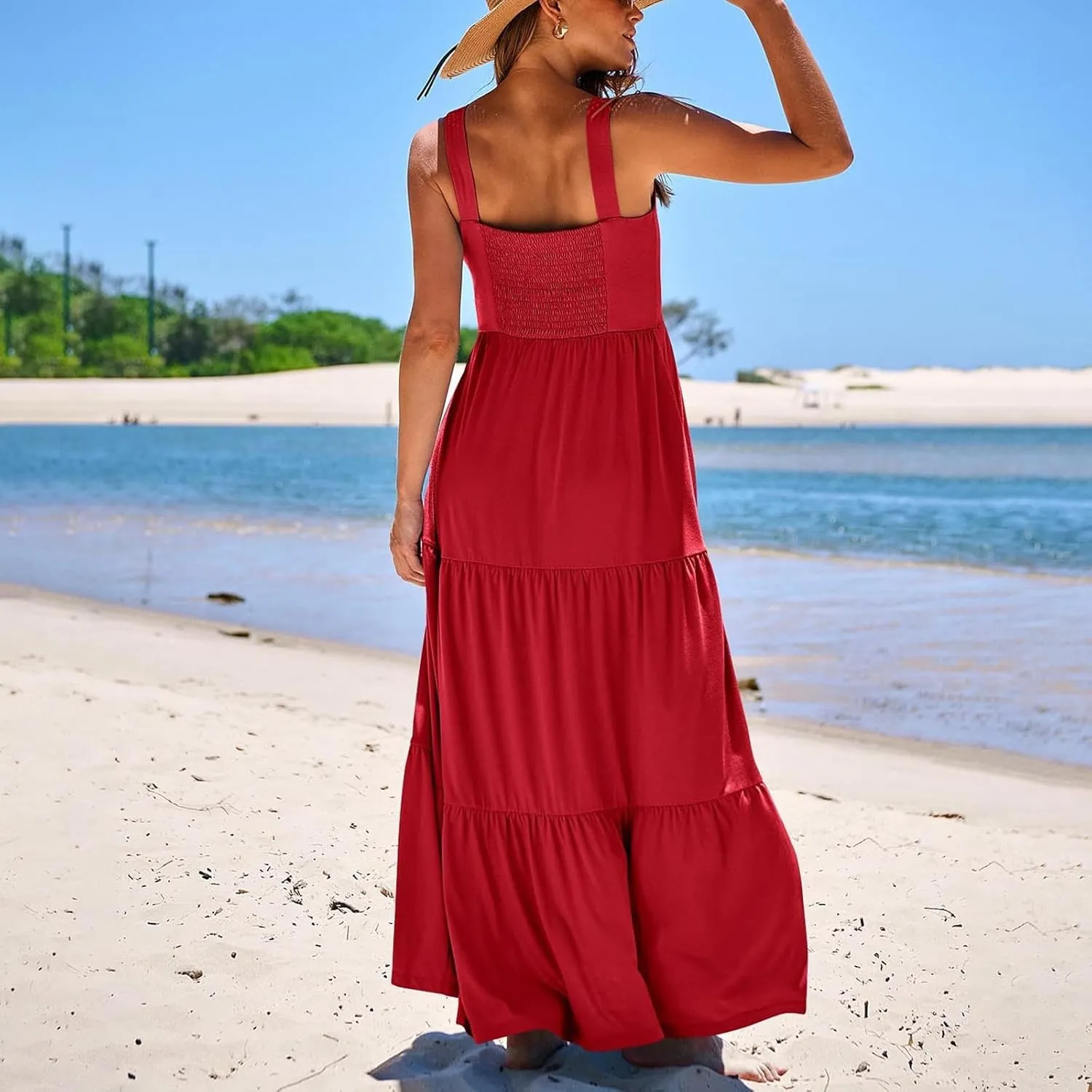 Women's Summer Dresses Halter Neck Sleeveless Smocked Backless Floral Flowy Tiered A Line Boho Beach Maxi Dress