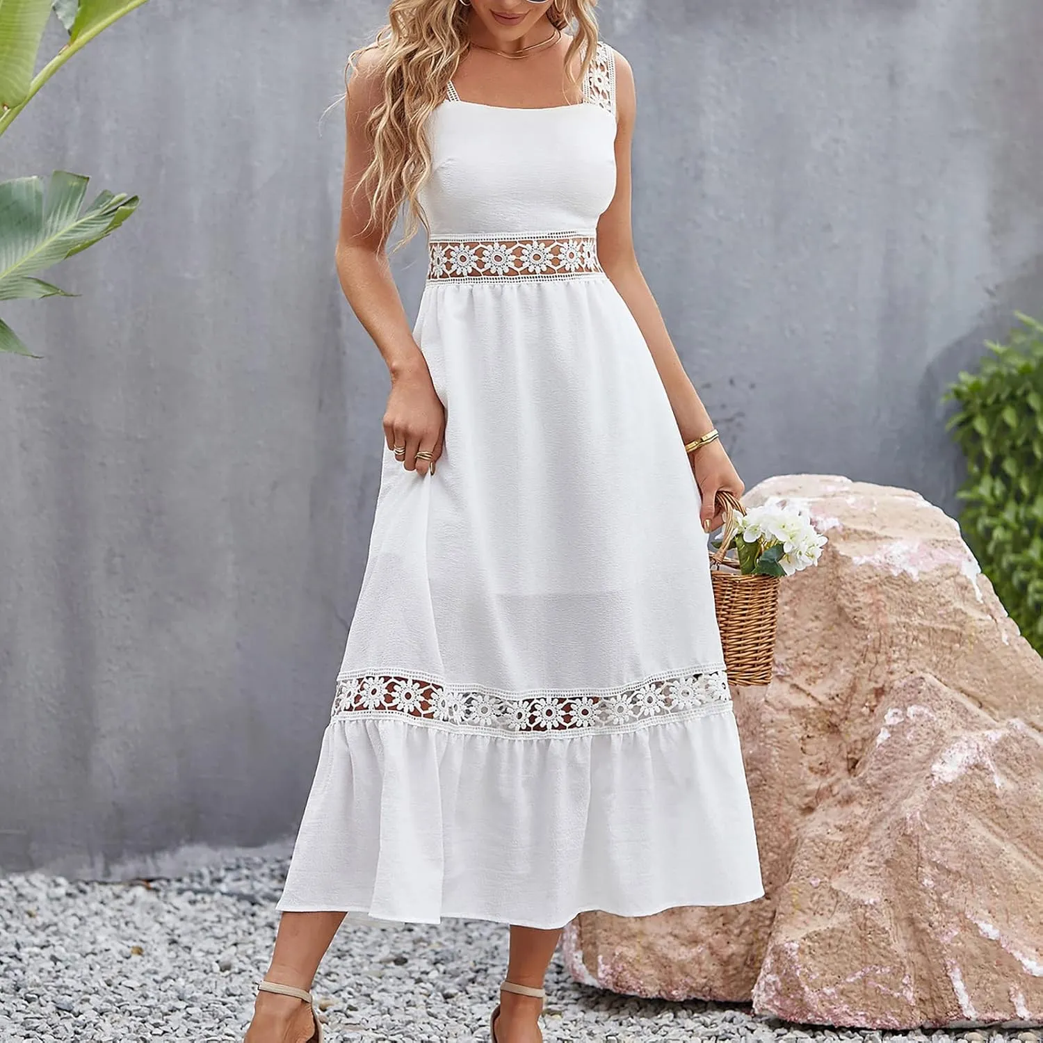 Women's Summer Dresses Halter Neck Sleeveless Smocked Backless Floral Flowy Tiered A Line Boho Beach Maxi Dress