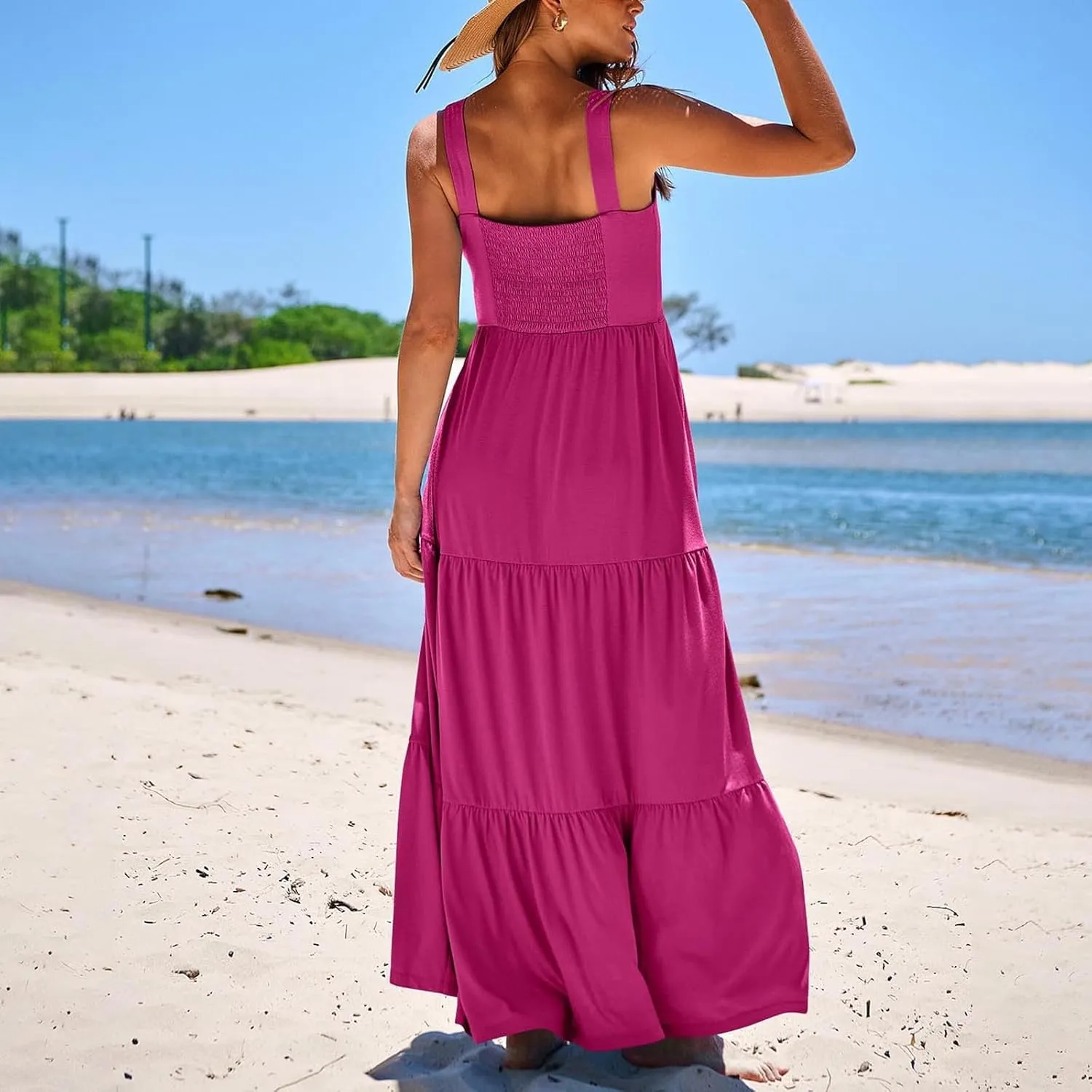 Women's Summer Dresses Halter Neck Sleeveless Smocked Backless Floral Flowy Tiered A Line Boho Beach Maxi Dress