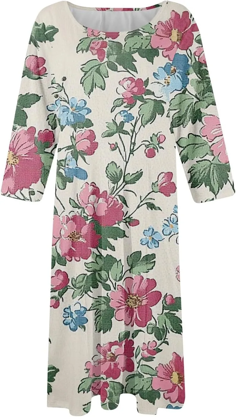 Womens Summer Dresses Summer Casual Beach Tshirt Dress Aline Flowy Midi Dresses Floral 3/4 Sleeve Dress with Pockets