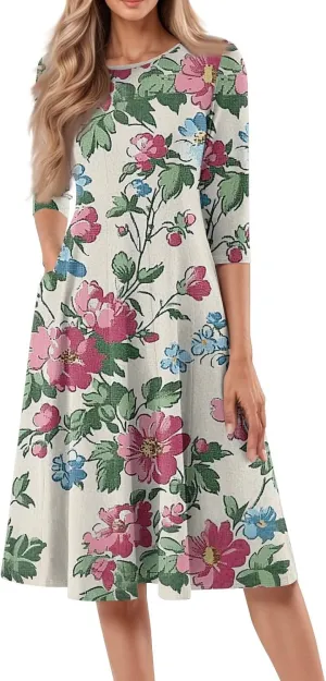 Womens Summer Dresses Summer Casual Beach Tshirt Dress Aline Flowy Midi Dresses Floral 3/4 Sleeve Dress with Pockets