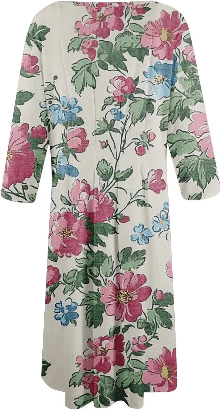 Womens Summer Dresses Summer Casual Beach Tshirt Dress Aline Flowy Midi Dresses Floral 3/4 Sleeve Dress with Pockets