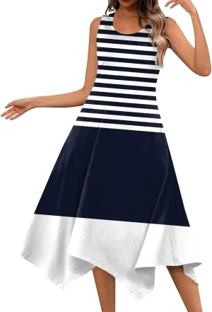 Womens Summer Dresses Summer Flowy Casual Midi Tank Dresses Beach Hankerchief Hem Sleeveless Dress Floral Sundresses