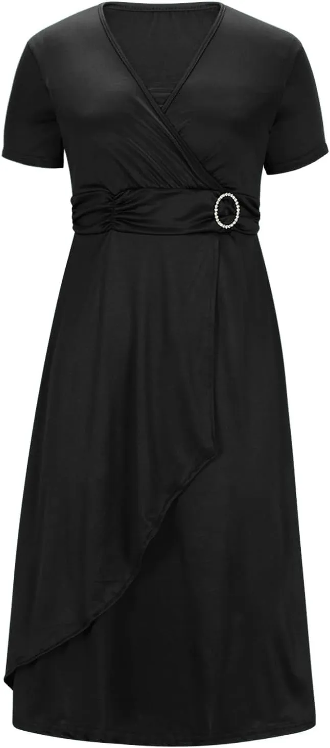 Women's Summer Evening Midi Dress Short Sleeve V-neck Tops Dresses Fashion High Waist Flowy Solid Loose Tunic Dress