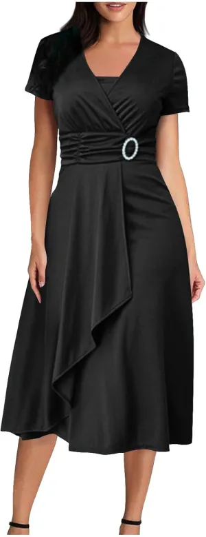 Women's Summer Evening Midi Dress Short Sleeve V-neck Tops Dresses Fashion High Waist Flowy Solid Loose Tunic Dress
