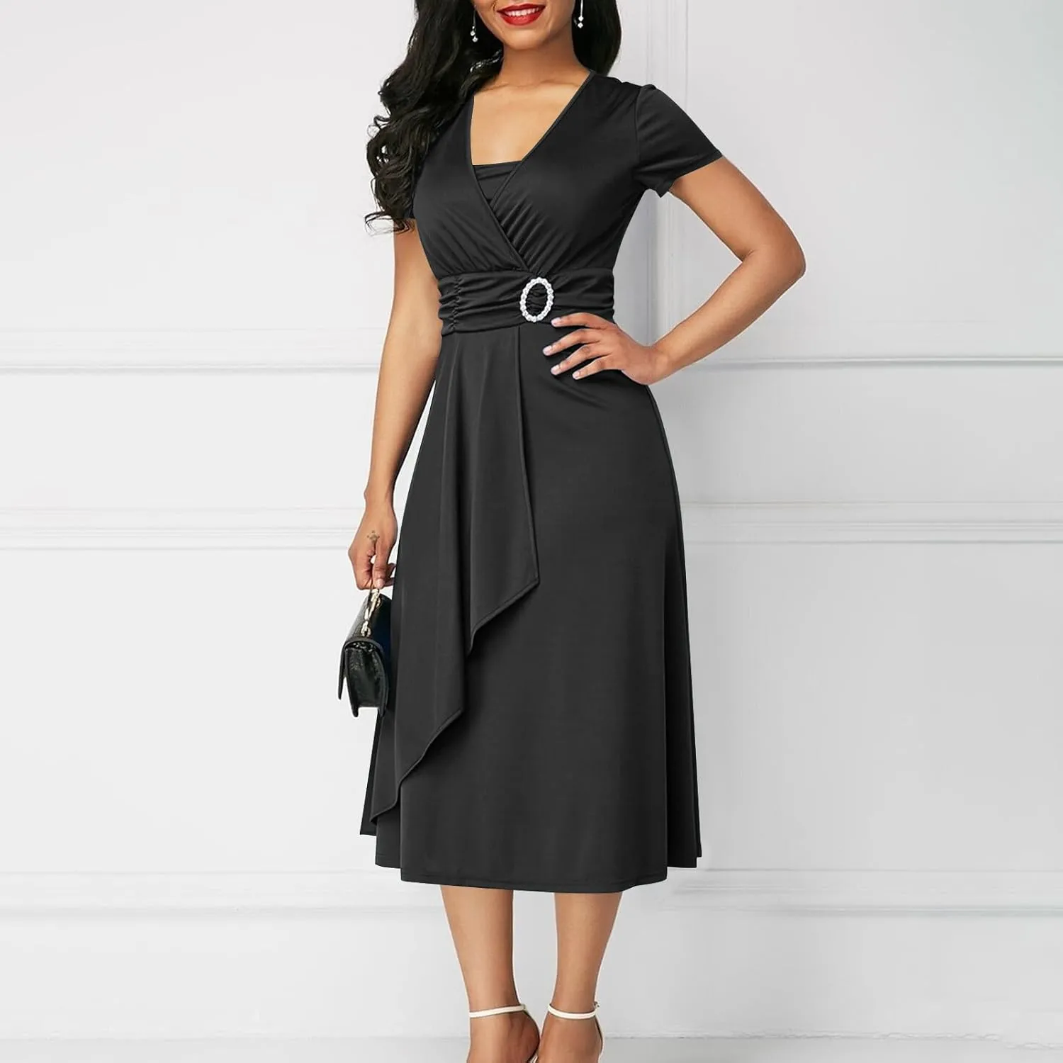 Women's Summer Evening Midi Dress Short Sleeve V-neck Tops Dresses Fashion High Waist Flowy Solid Loose Tunic Dress