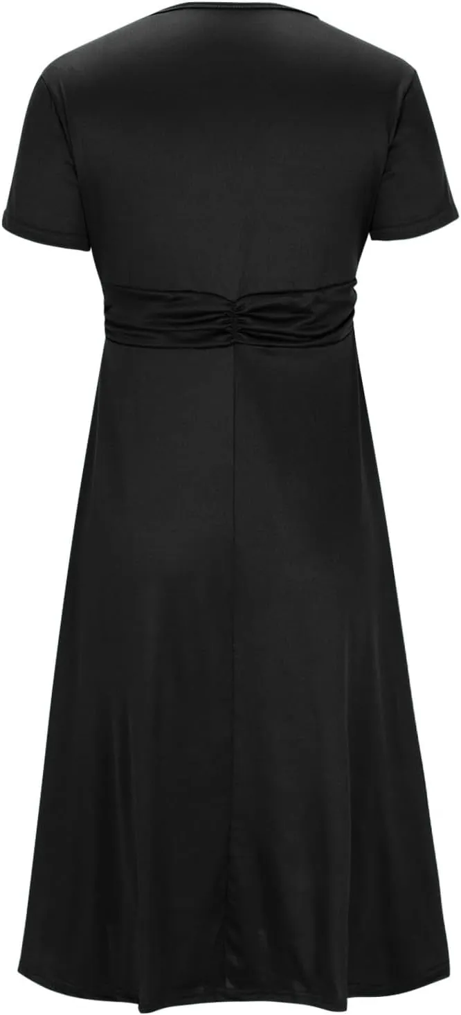 Women's Summer Evening Midi Dress Short Sleeve V-neck Tops Dresses Fashion High Waist Flowy Solid Loose Tunic Dress