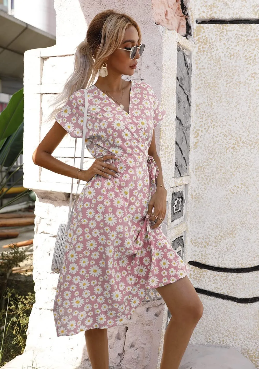 Womens Summer Floral Print Dress Wrap V Neck Short Sleeve A Line Mini Dress Tie Waist Ruffle Split Hem Midi Dress