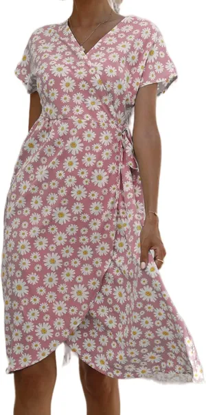 Womens Summer Floral Print Dress Wrap V Neck Short Sleeve A Line Mini Dress Tie Waist Ruffle Split Hem Midi Dress