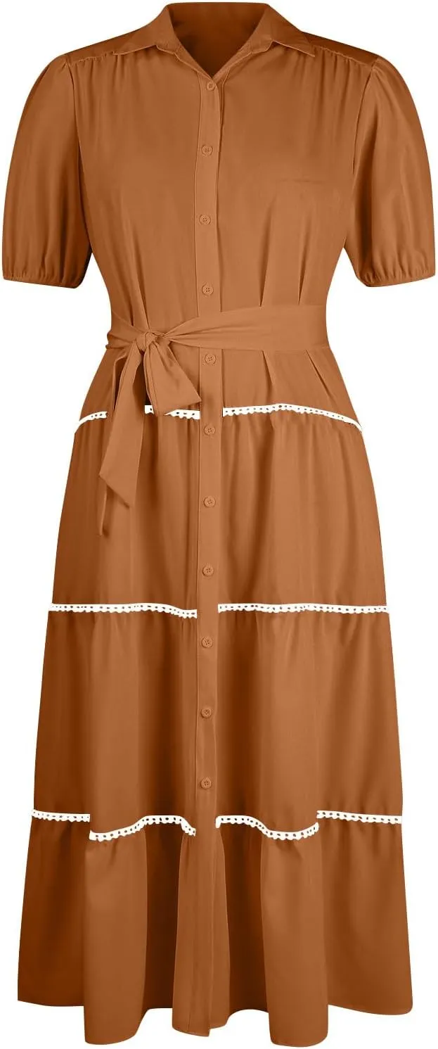 Women's Summer Long Maxi Dress Casual Puffy Short Sleeve Ruffle Tiered Dress Vacation Ruched Pleated Swing Dresses