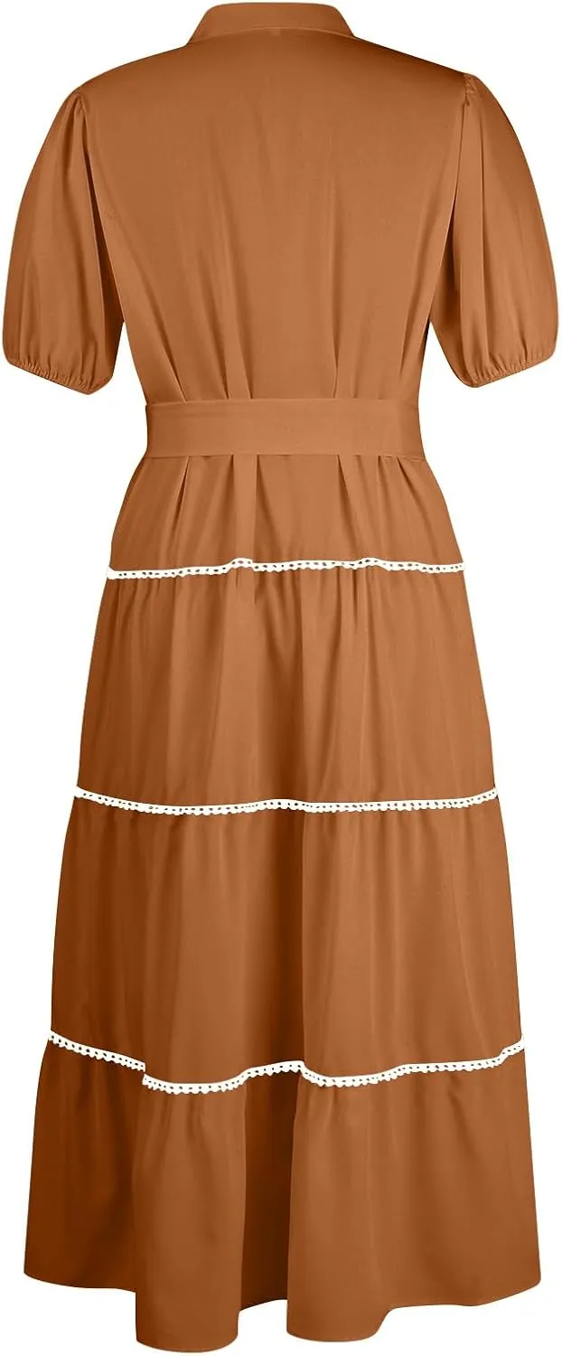 Women's Summer Long Maxi Dress Casual Puffy Short Sleeve Ruffle Tiered Dress Vacation Ruched Pleated Swing Dresses
