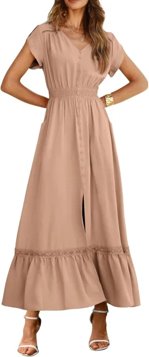 Women's Summer Long Maxi Dress Casual Puffy Short Sleeve Ruffle Tiered Dress Vacation Ruched Pleated Swing Dresses