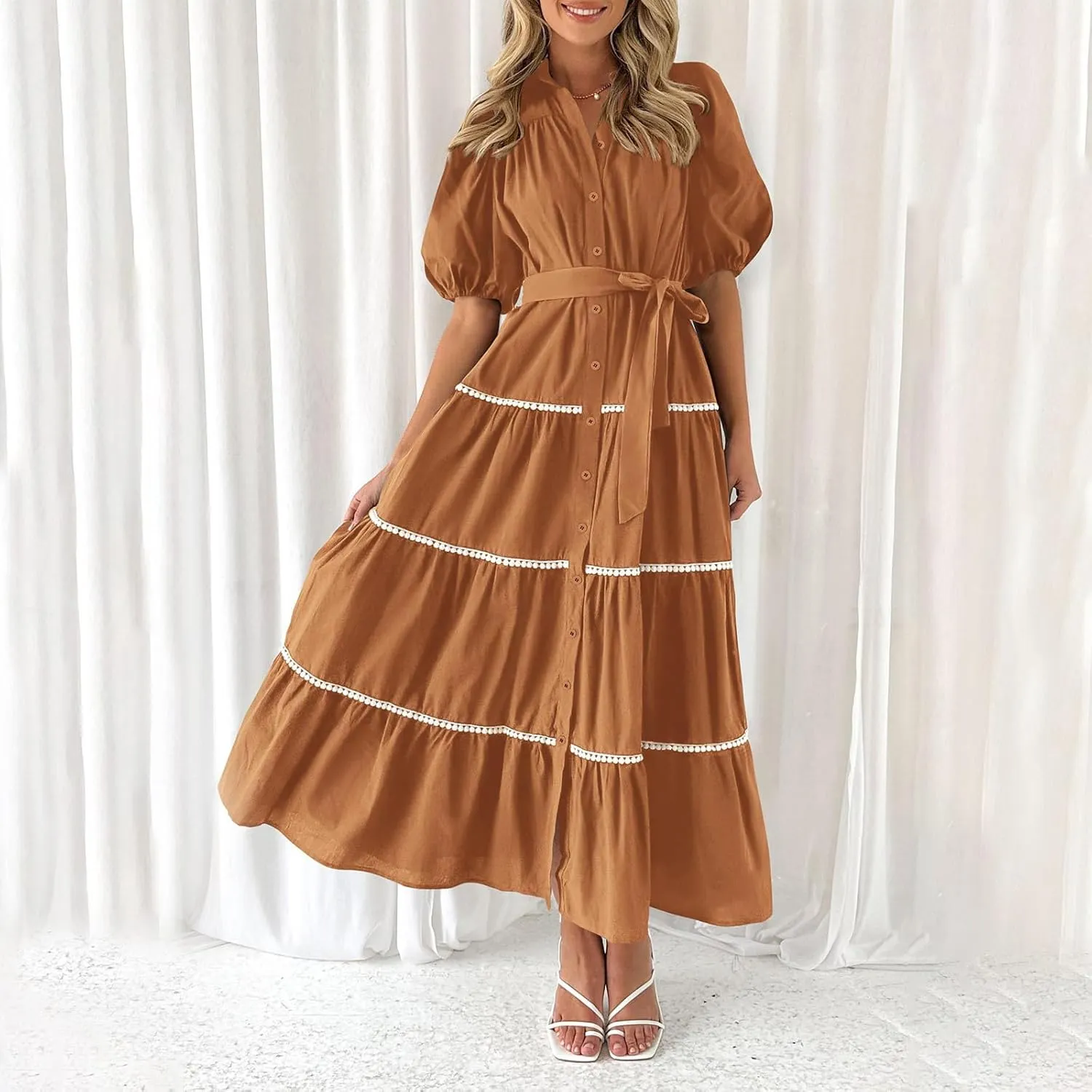 Women's Summer Long Maxi Dress Casual Puffy Short Sleeve Ruffle Tiered Dress Vacation Ruched Pleated Swing Dresses