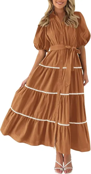 Women's Summer Long Maxi Dress Casual Puffy Short Sleeve Ruffle Tiered Dress Vacation Ruched Pleated Swing Dresses