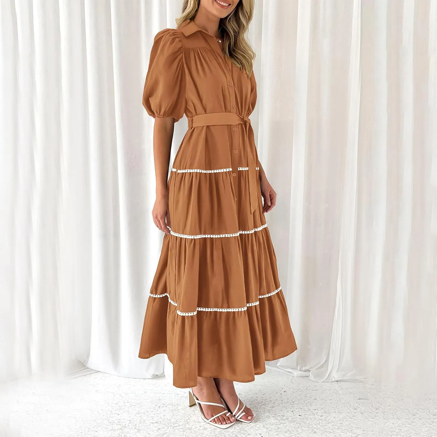 Women's Summer Long Maxi Dress Casual Puffy Short Sleeve Ruffle Tiered Dress Vacation Ruched Pleated Swing Dresses