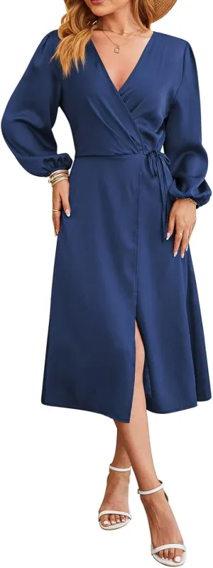 Women's Summer Maxi Dress Casual Boho Floral Wrap V Neck Short Sleeve Ruffle Hem Split Beach Long Dresses with Belt