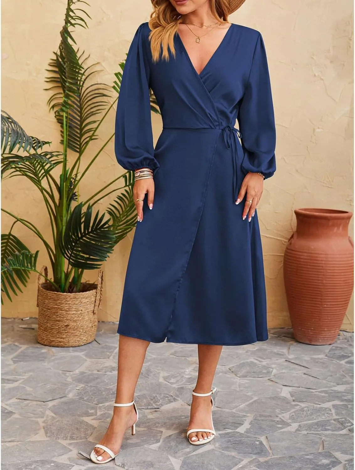 Women's Summer Maxi Dress Casual Boho Floral Wrap V Neck Short Sleeve Ruffle Hem Split Beach Long Dresses with Belt