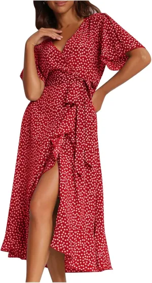 Women's Summer Maxi Dress Casual Boho Floral Wrap V Neck Short Sleeve Ruffle Hem Split Beach Long Dresses with Belt