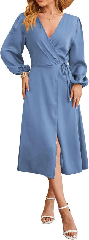 Women's Summer Maxi Dress Casual Boho Floral Wrap V Neck Short Sleeve Ruffle Hem Split Beach Long Dresses with Belt