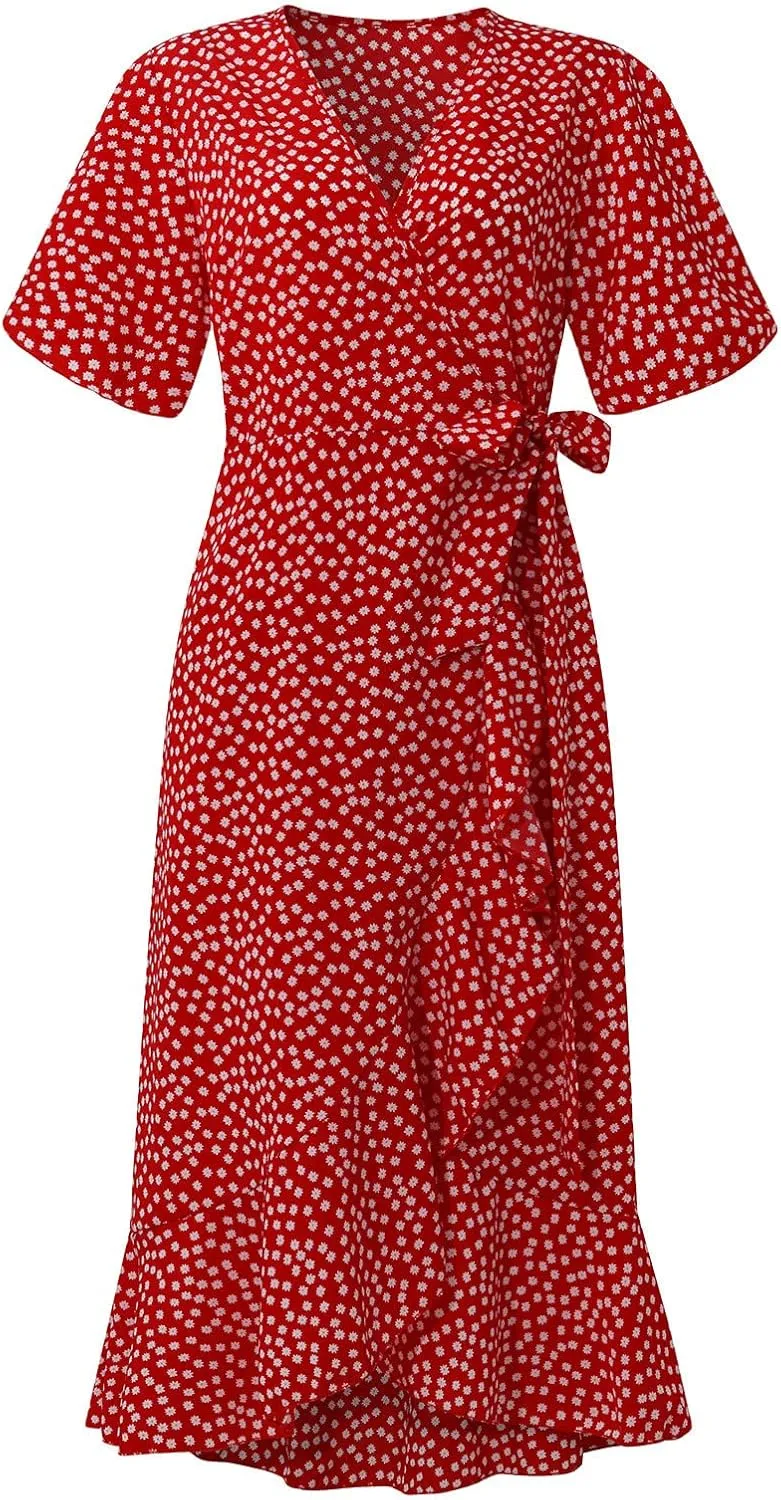 Women's Summer Maxi Dress Casual Boho Floral Wrap V Neck Short Sleeve Ruffle Hem Split Beach Long Dresses with Belt