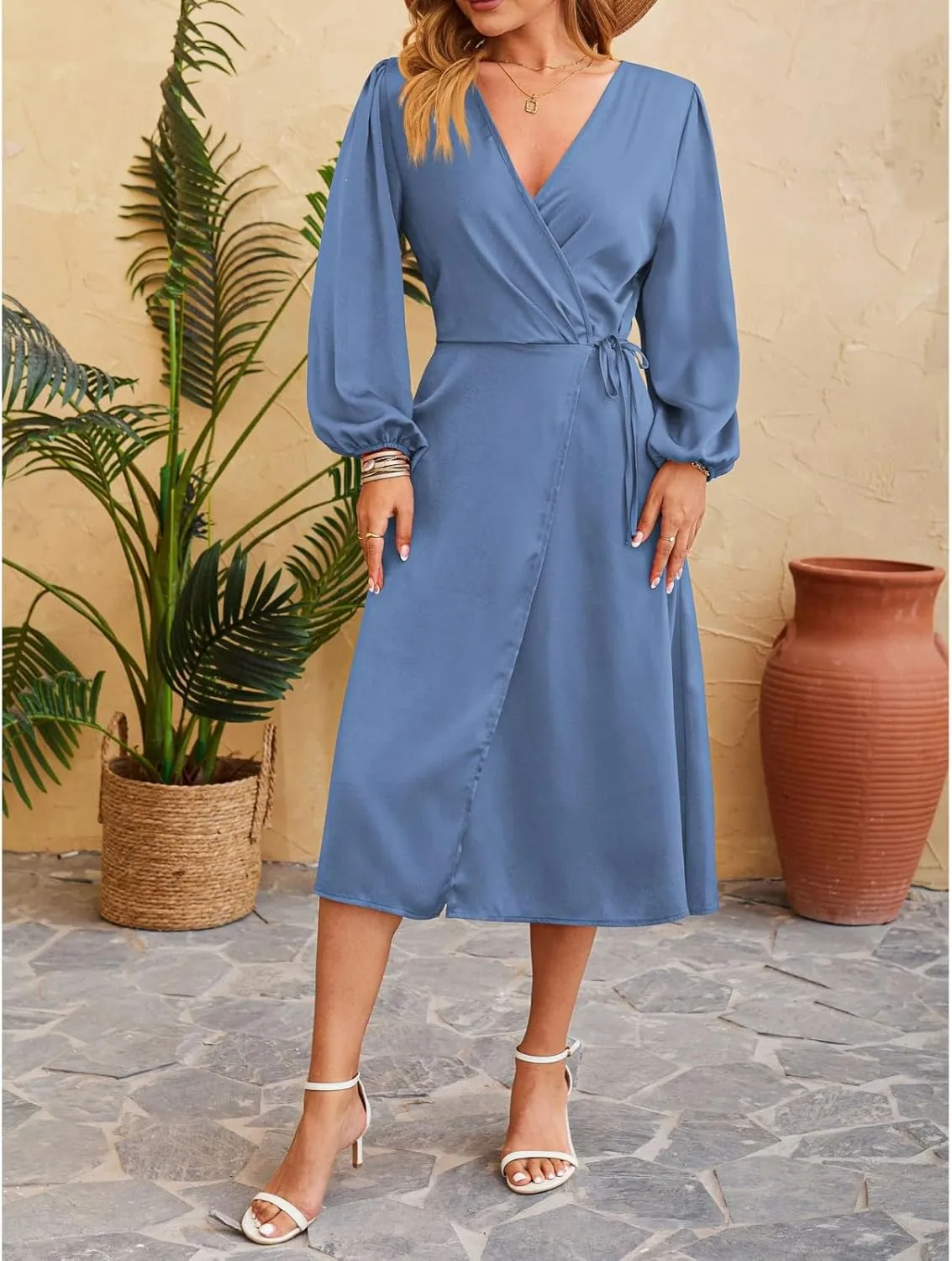 Women's Summer Maxi Dress Casual Boho Floral Wrap V Neck Short Sleeve Ruffle Hem Split Beach Long Dresses with Belt
