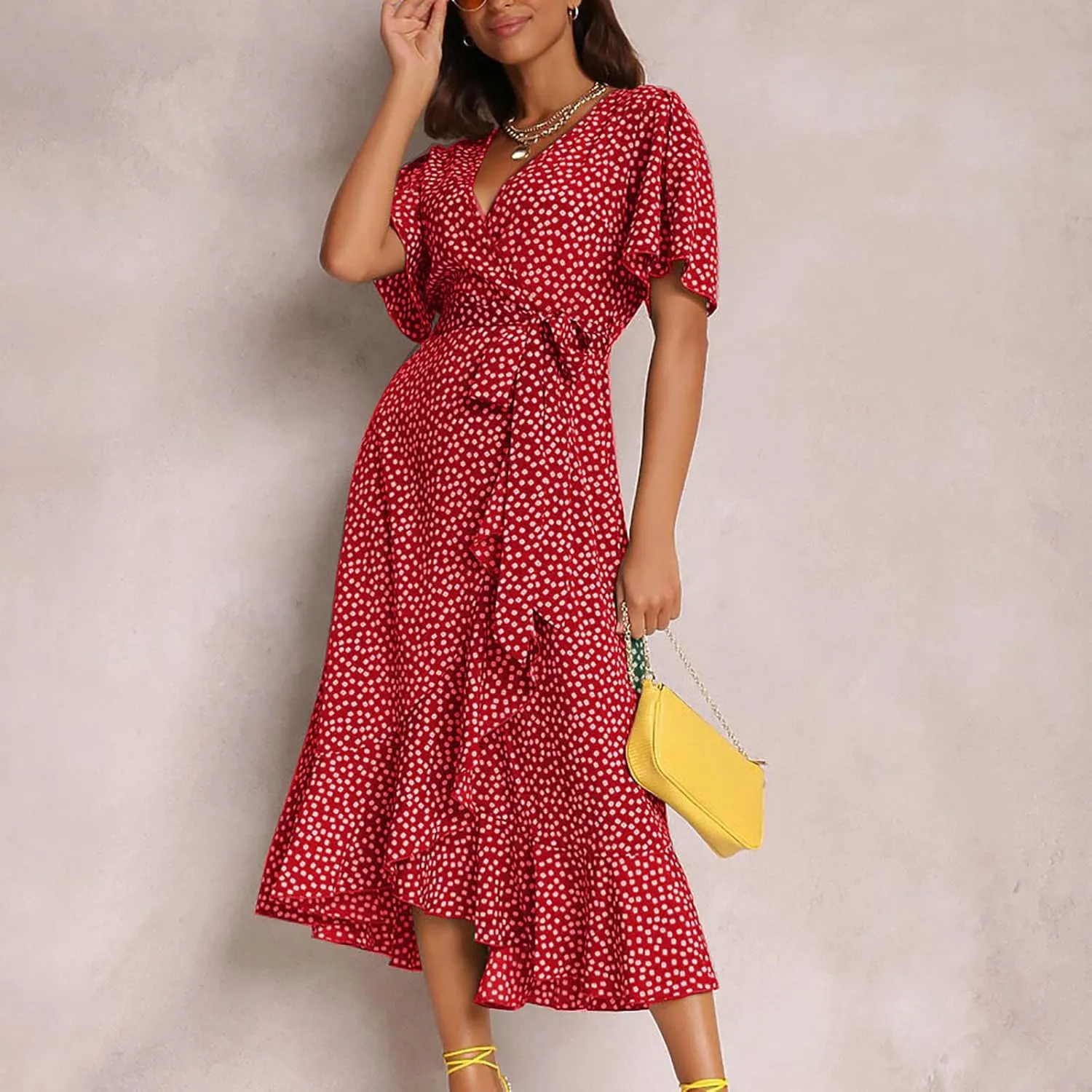 Women's Summer Maxi Dress Casual Boho Floral Wrap V Neck Short Sleeve Ruffle Hem Split Beach Long Dresses with Belt