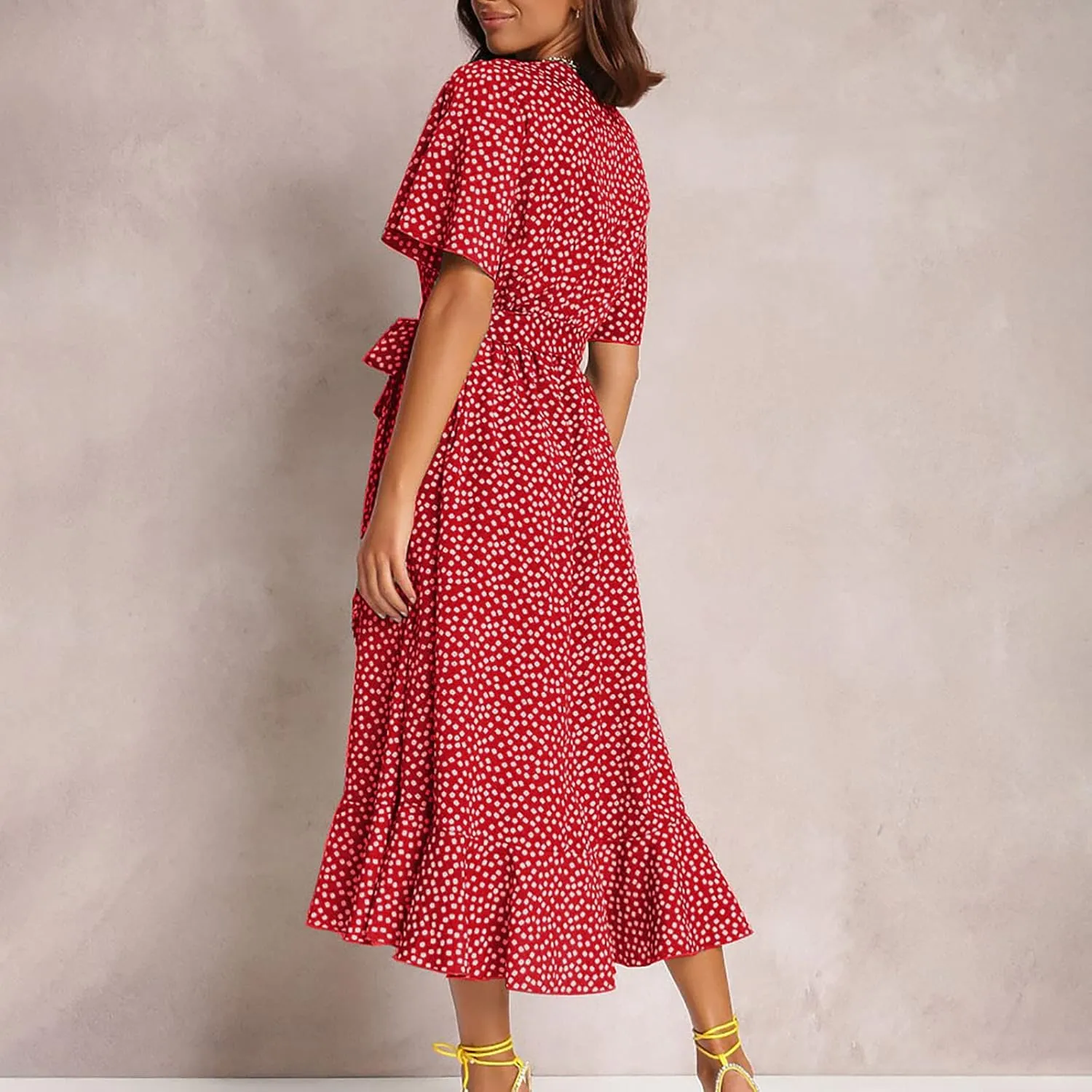 Women's Summer Maxi Dress Casual Boho Floral Wrap V Neck Short Sleeve Ruffle Hem Split Beach Long Dresses with Belt